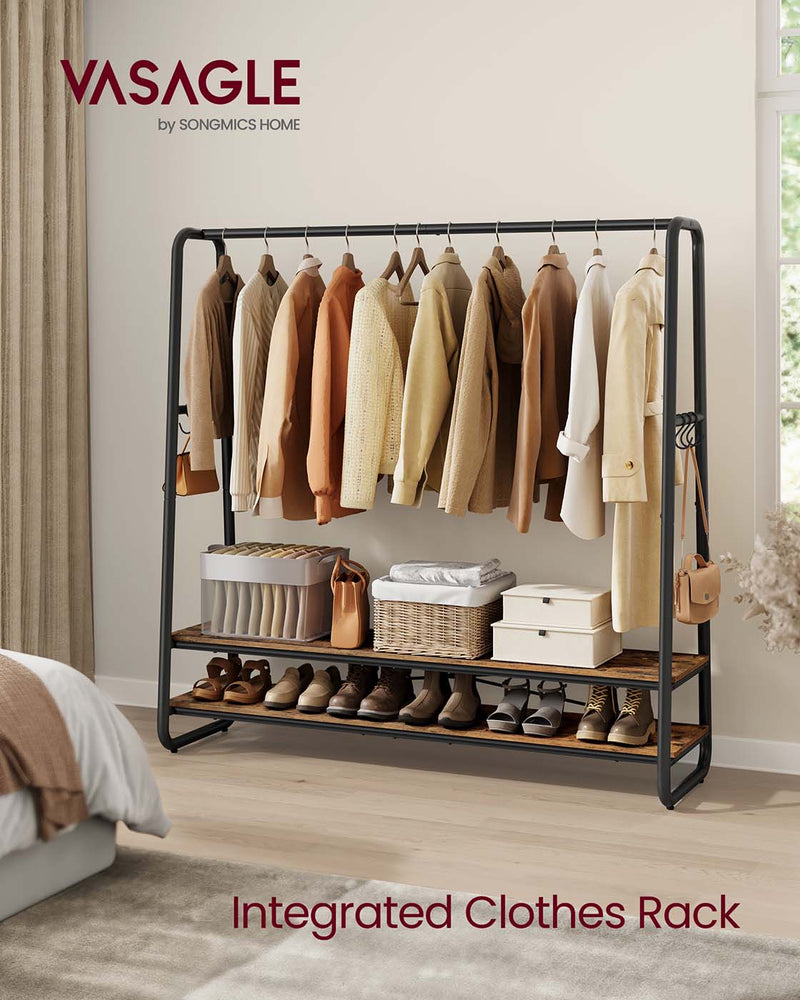 Rustic Brown and Black Clothes Rail with Two Shelves for Bedroom or Hallway by Vasagle
