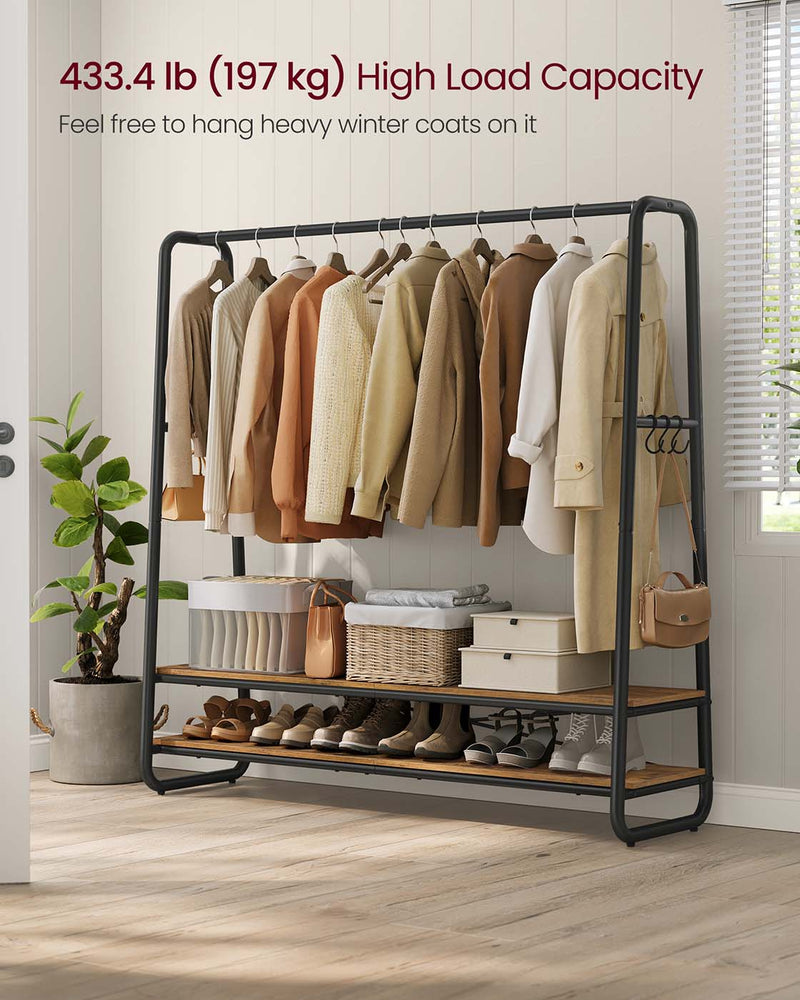 Rustic Brown and Black Clothes Rail with Two Shelves for Bedroom or Hallway by Vasagle