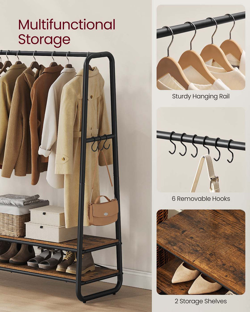 Rustic Brown and Black Clothes Rail with Two Shelves for Bedroom or Hallway by Vasagle