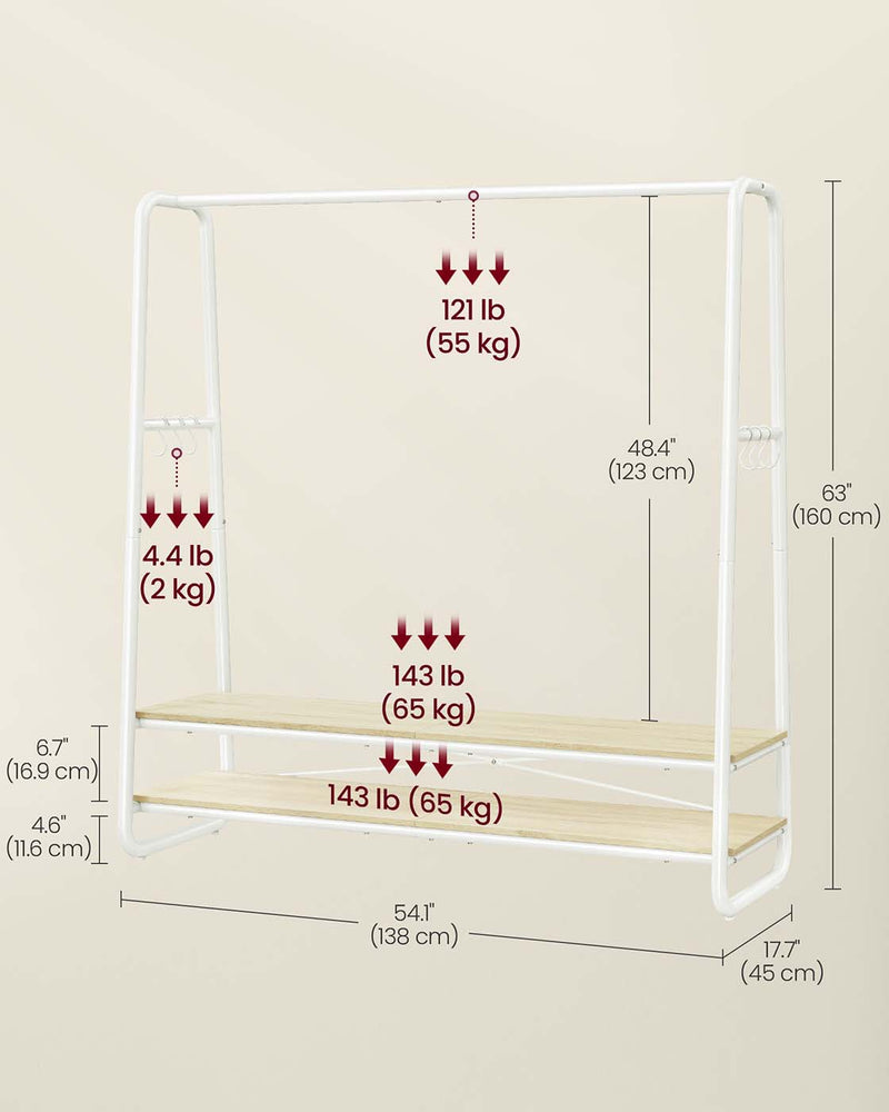 Freestanding Clothes Rail with Two Storage Shelves for Bedroom or Hallway by Vasagle