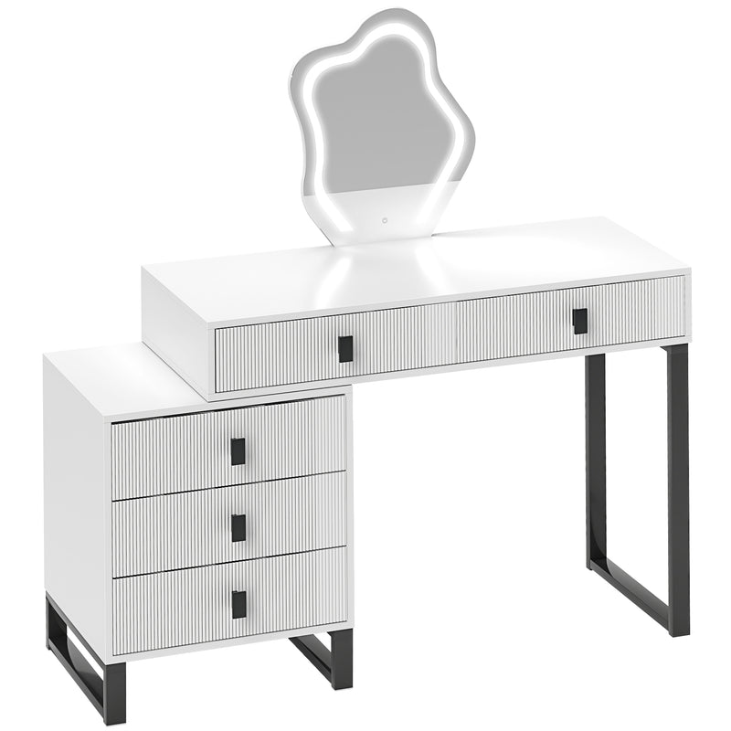 White LED Lighted Dressing Table with Mirror and 5 Drawers Modern Vanity Desk by HOMCOM