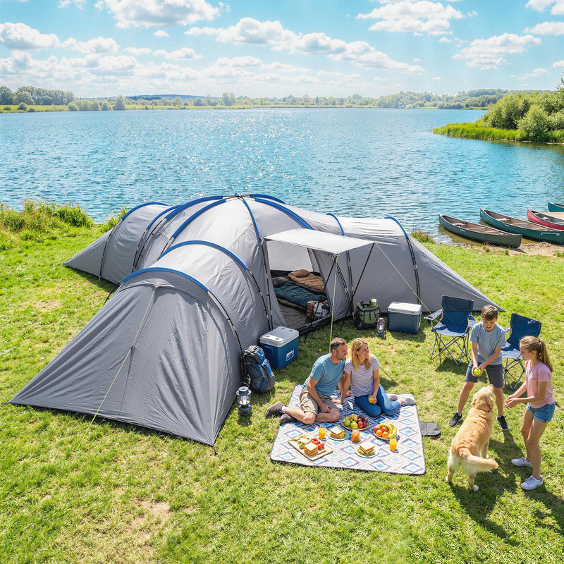 6-9 Person Tunnel Camping Tent With 3 Bedrooms, Living & Porch, Light Grey