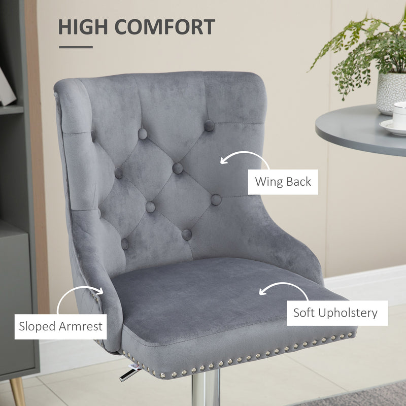 Set of 2 Adjustable Swivel Bar Stools with Tufted Back and Footrest for Home Bar Grey