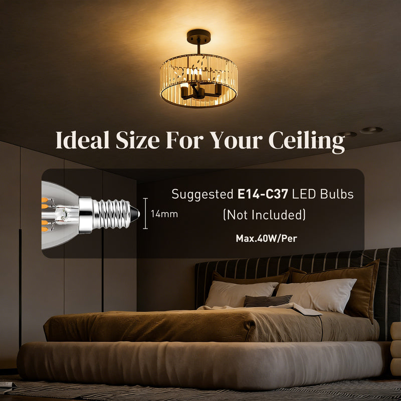 Crystal Ceiling Light for Brightening Bedrooms or Living Rooms Semi Flush Black