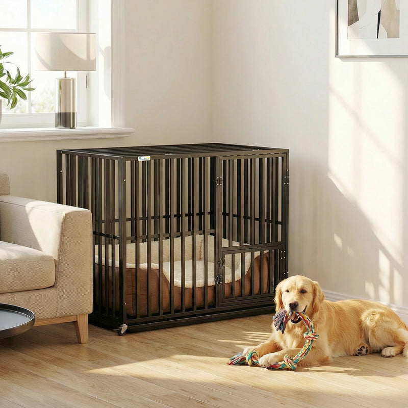 Steel Dog Crate With Removable Tray and Wheels for Secure Home Use Black AOSOM