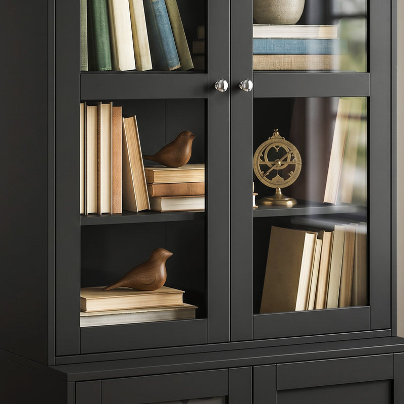 Tall Display Cabinet with Glass Doors and Hidden Storage for Organised Living or Dining Room Black