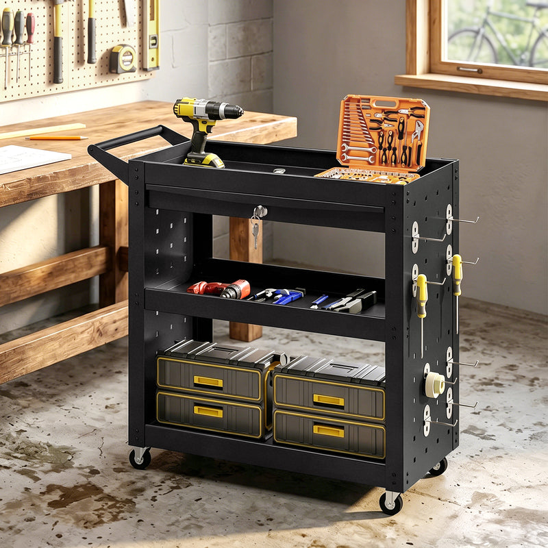Tool Trolley with Lockable Drawer and Pegboards for Organised Workshop Storage Black