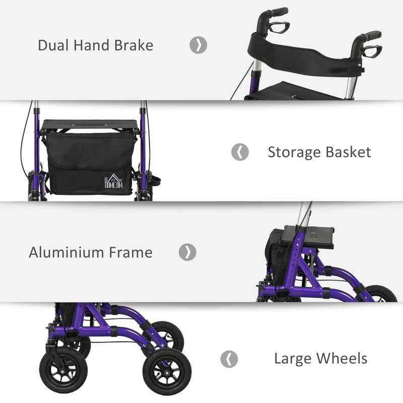 Folding Rollator Walker with Seat Backrest and Storage Bag for Seniors Purple by HOMCOM AOSOM