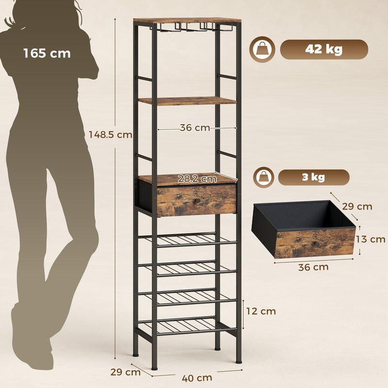 Slim Wine Rack for Small Spaces with Bottle and Glass Storage Rustic Brown Black Homcom