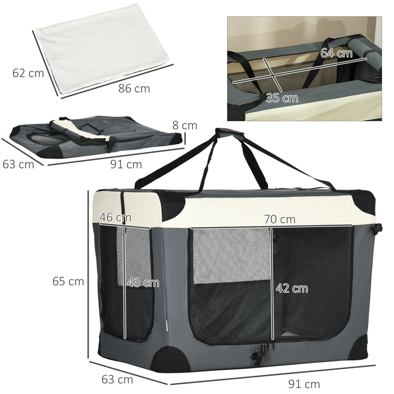 Foldable Pet Carrier With Cushion for Large Dogs and Cats Easy Travel Crate, Grey