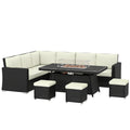 Rattan Garden Furniture Set with Gas Fire Pit Table for Warm Outdoor Dining and Relaxing Cream White Outsunny