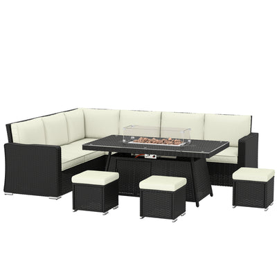 Rattan Garden Furniture Set with Gas Fire Pit Table for Warm Outdoor Dining and Relaxing Cream White Outsunny