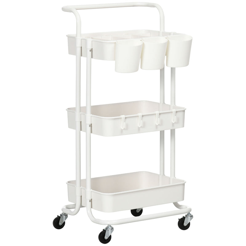 White Three Tier Home Trolley with Handle and Wheels by HOMCOM