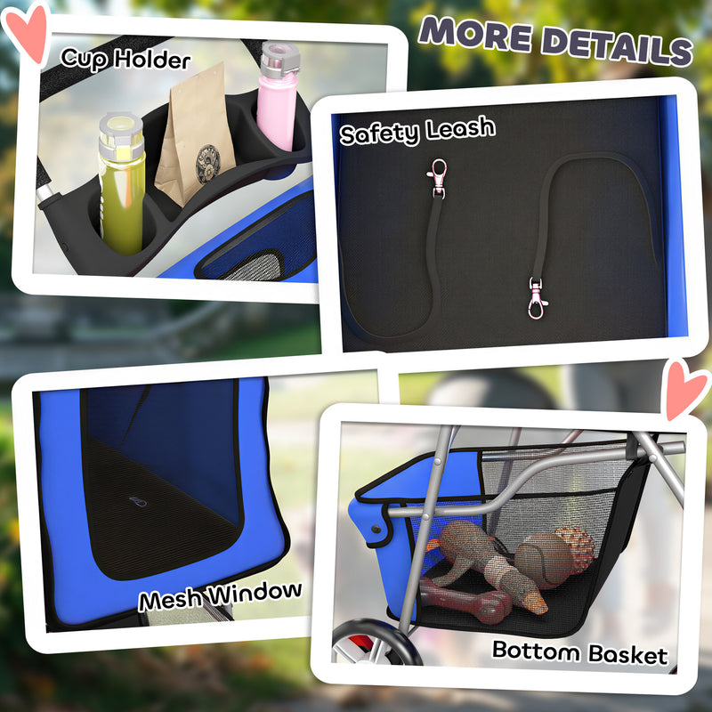 Pet Stroller for Small or Elderly Pets with Foldable Frame and Mesh Windows Blue