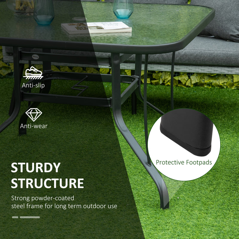 Square Black Garden Dining Table with Parasol Hole and Tempered Glass Top for Patio Use