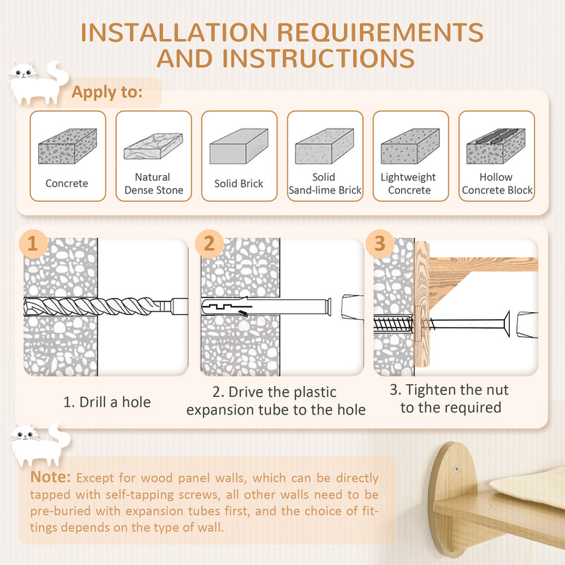 Wall Mounted Cat Furniture Set for Climbing and Play with Washable Pads Oak Cream Beige AOSOM