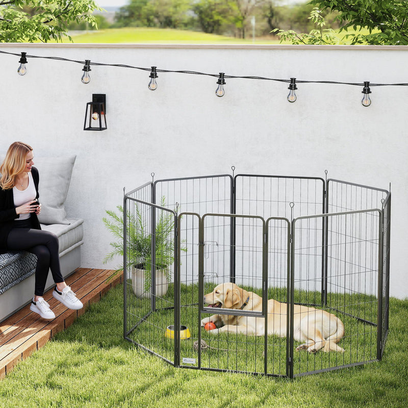 8 Panel Heavy Duty Dog Playpen with Door for Large Dogs 100cm High Indoor Outdoor by PawHut