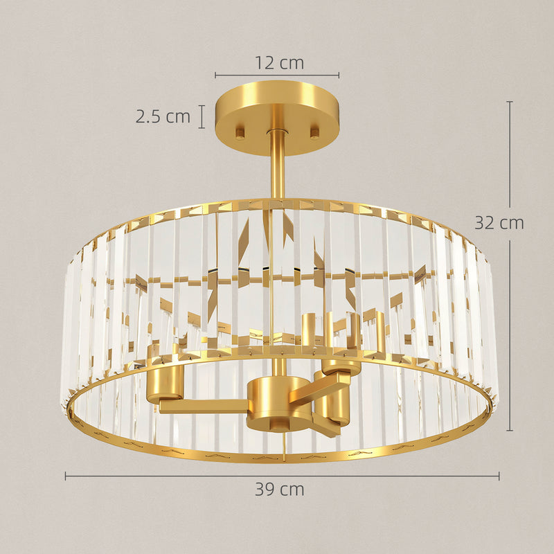 Modern Semi Flush Crystal Ceiling Light With 3 E14 Bulbs For Living Room, Gold Tone