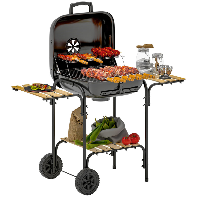 Portable Charcoal BBQ Grill with Large Cooking Area Shelves Wheels Lockable Lid by Outsunny
