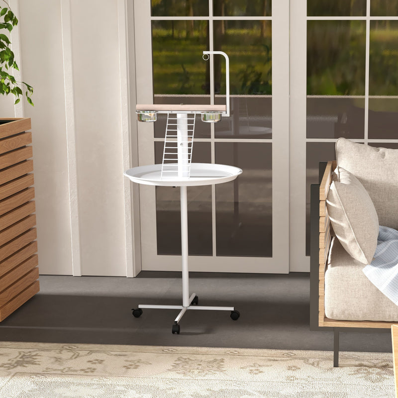 Bird Stand with Wheels and Feed Bowls for Indoor or Outdoor Use with Tray, White