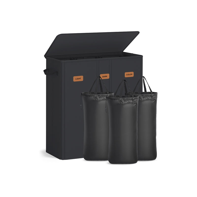 Three Compartment Laundry Basket with Lid Washable Liner and Labels by Songmics