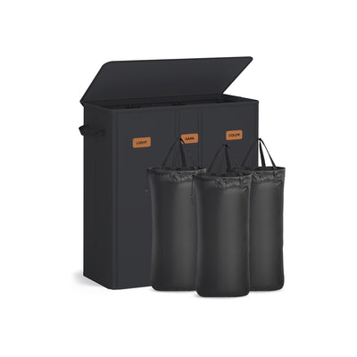 Three Compartment Laundry Basket with Lid Washable Liner and Labels by Songmics