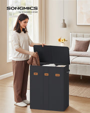 Three Compartment Laundry Basket with Lid Washable Liner and Labels by Songmics