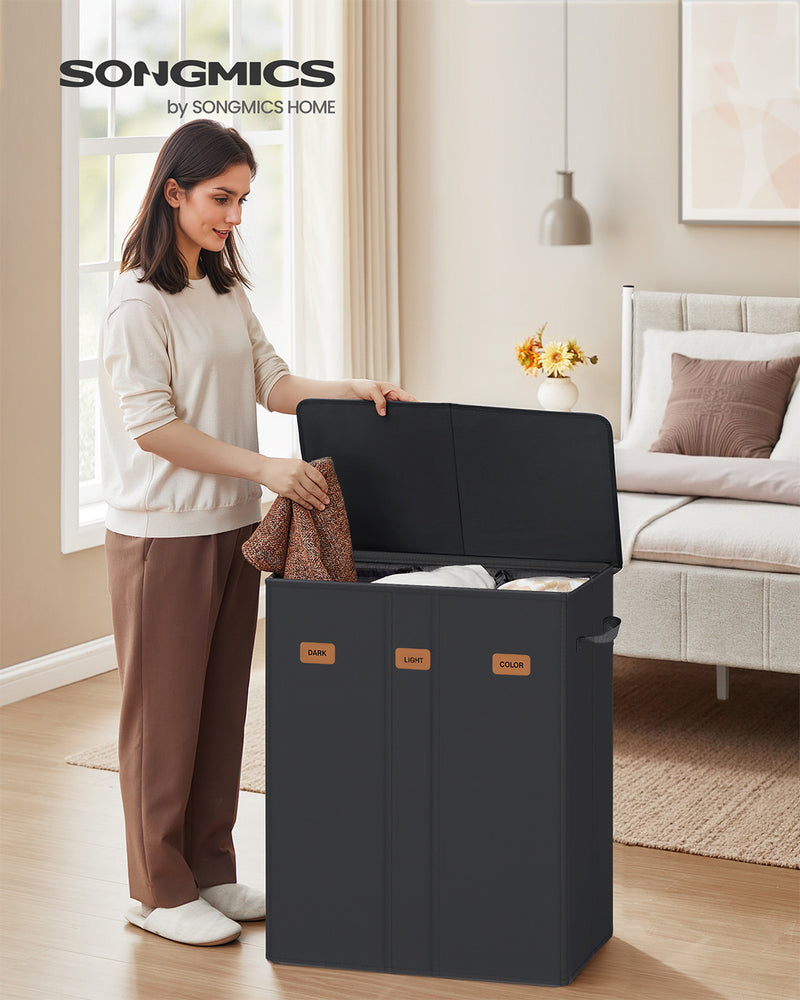Three Compartment Laundry Basket with Lid Washable Liner and Labels by Songmics