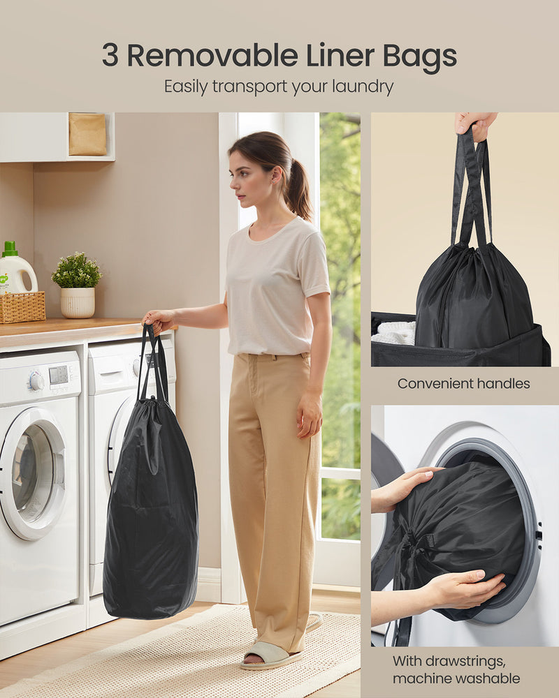 Three Compartment Laundry Basket with Lid Washable Liner and Labels by Songmics