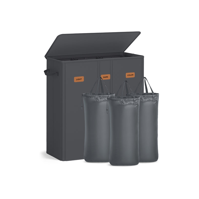 Grey Triple Compartment Laundry Basket with Lid Washable Liner and Labels by Songmics
