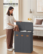 Grey Triple Compartment Laundry Basket with Lid Washable Liner and Labels by Songmics