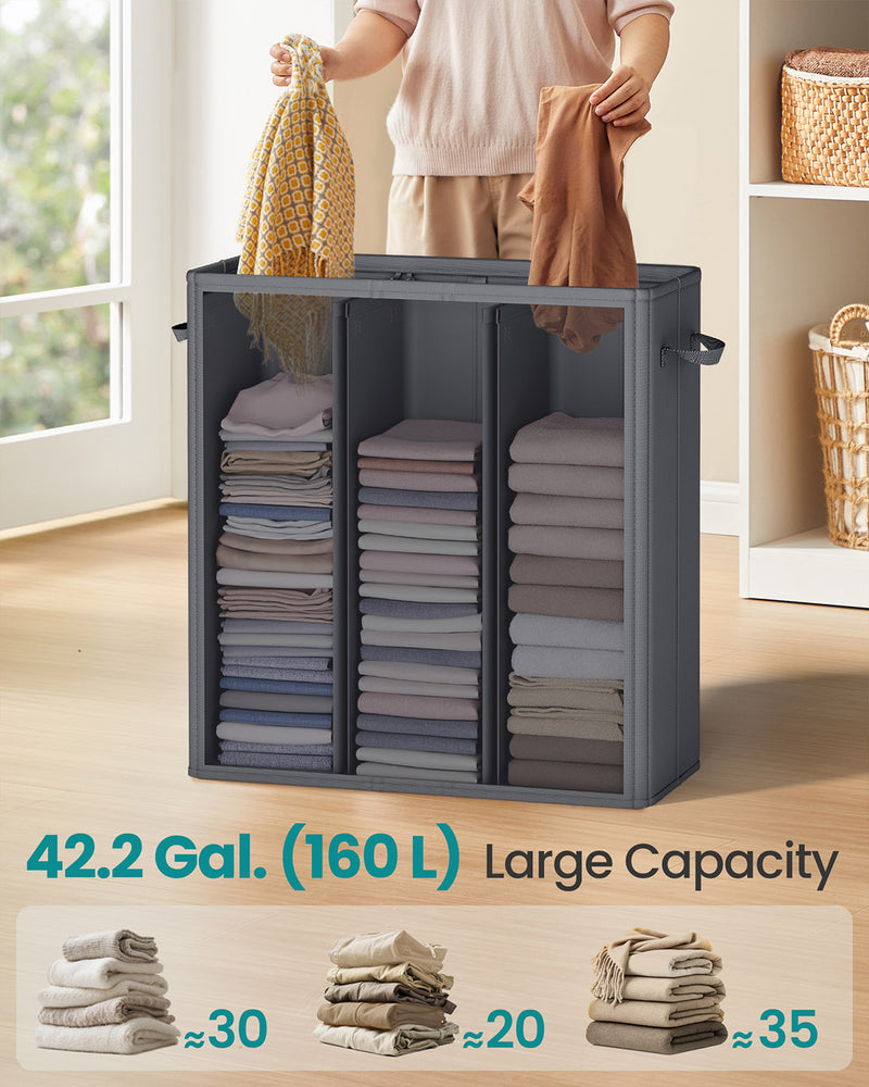 Grey Triple Compartment Laundry Basket with Lid Washable Liner and Labels by Songmics
