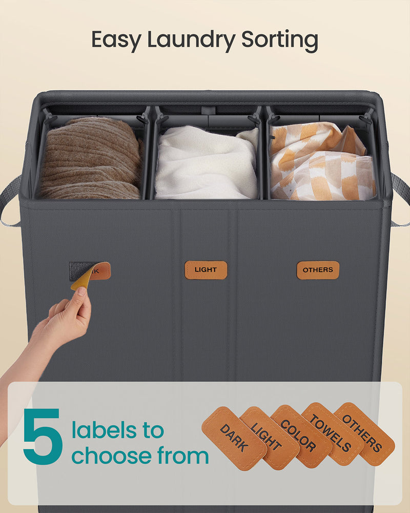 Grey Triple Compartment Laundry Basket with Lid Washable Liner and Labels by Songmics
