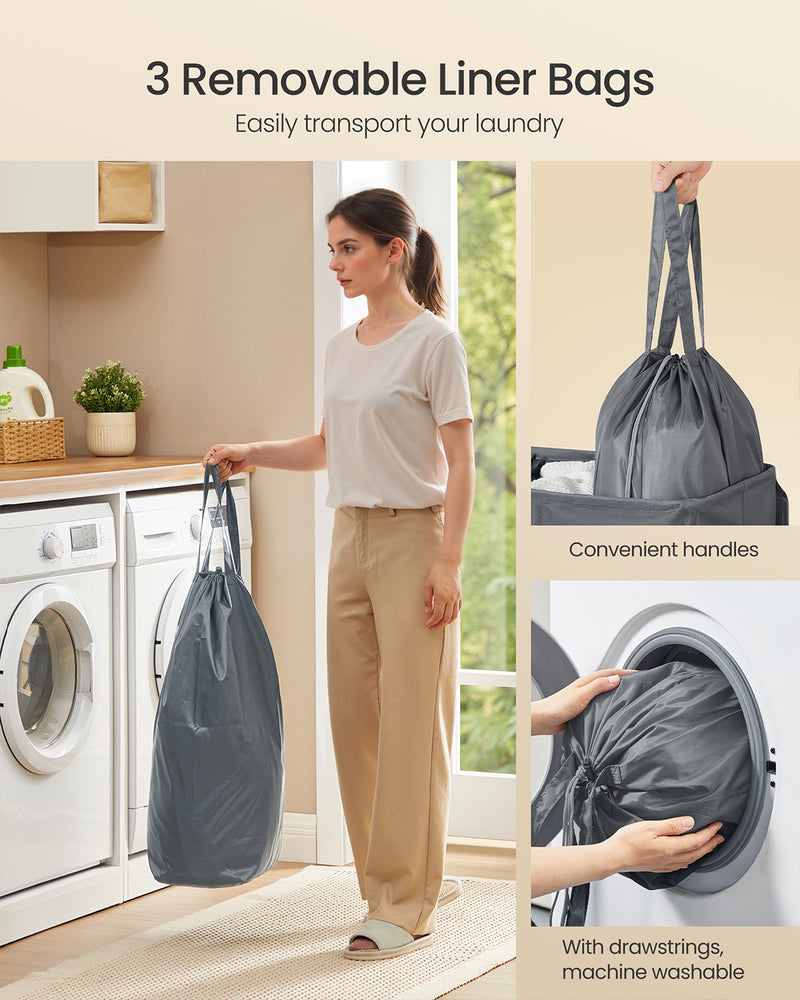 Grey Triple Compartment Laundry Basket with Lid Washable Liner and Labels by Songmics