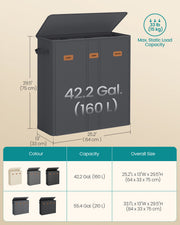 Grey Triple Compartment Laundry Basket with Lid Washable Liner and Labels by Songmics