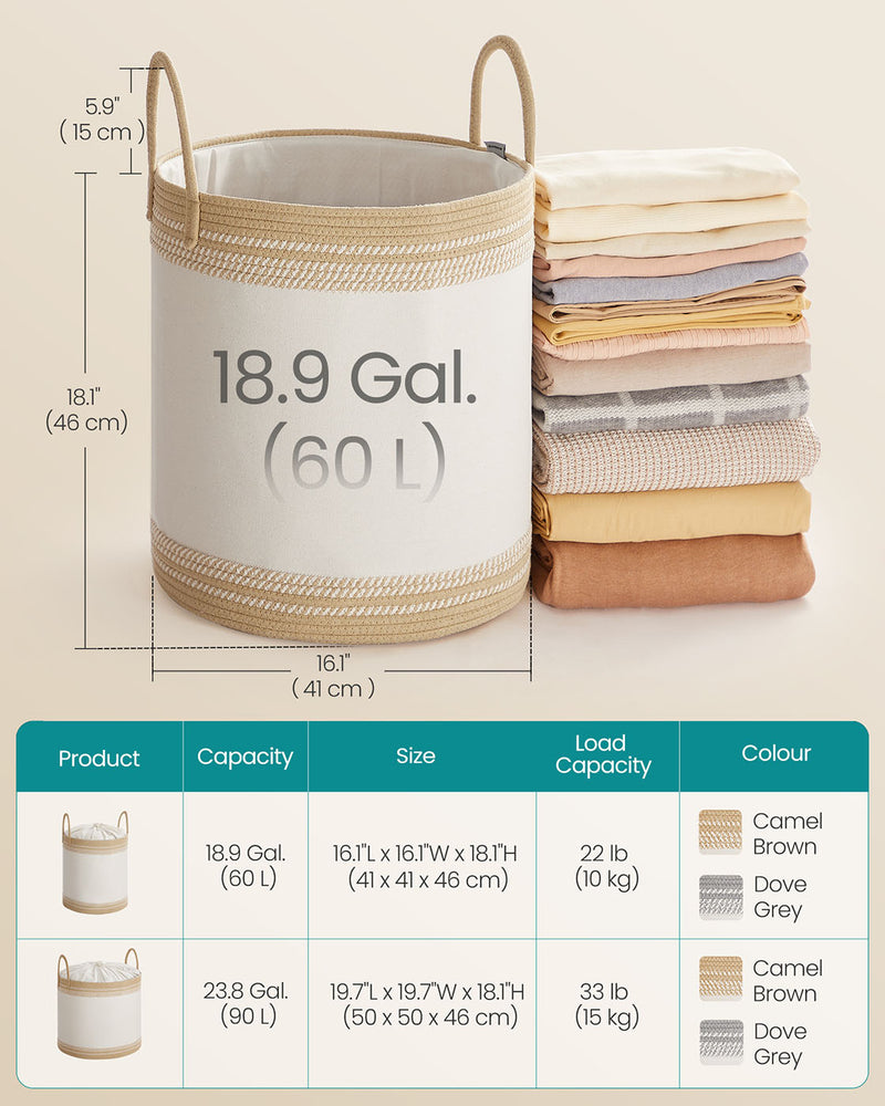 Camel Brown 60L Laundry Hamper with Lid Handles and Drawstring Closure by Songmics