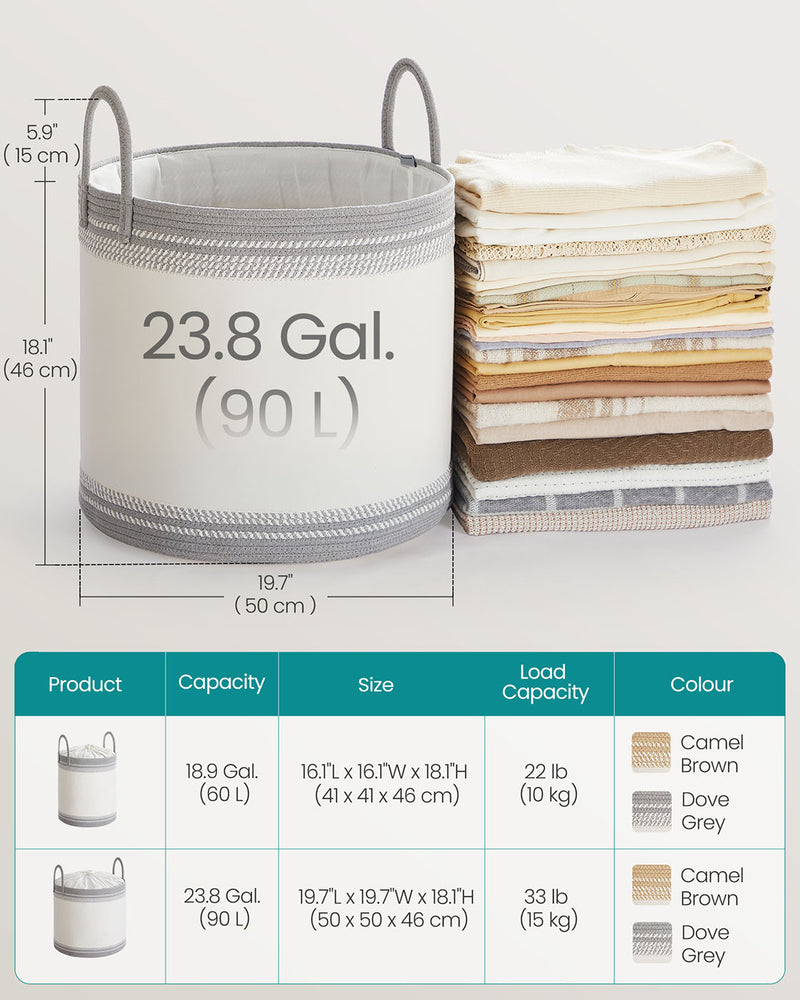 Large 90L Laundry Hamper with Lid Handles and Drawstring in Dove Grey by Songmics