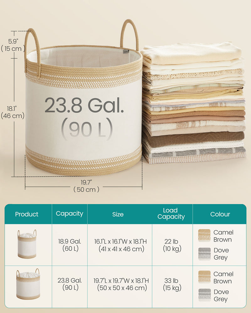 Camel Brown Laundry Hamper 90L with Lid Handles and Drawstring Closure by Songmics
