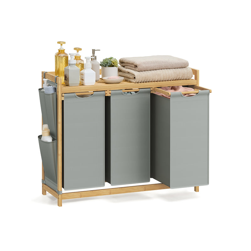 150L Three Compartment Laundry Basket with Shelf and Side Pockets in Dove Grey by Vasagle