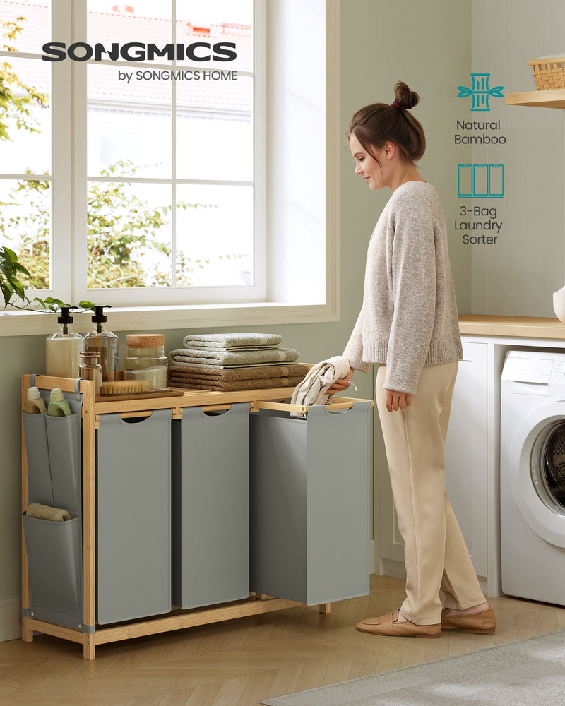 150L Three Compartment Laundry Basket with Shelf and Side Pockets in Dove Grey by Vasagle