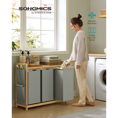 150L Three Compartment Laundry Basket with Shelf and Side Pockets in Dove Grey by Vasagle