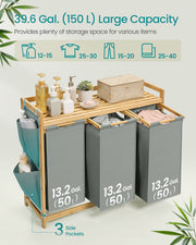 150L Three Compartment Laundry Basket with Shelf and Side Pockets in Dove Grey by Vasagle
