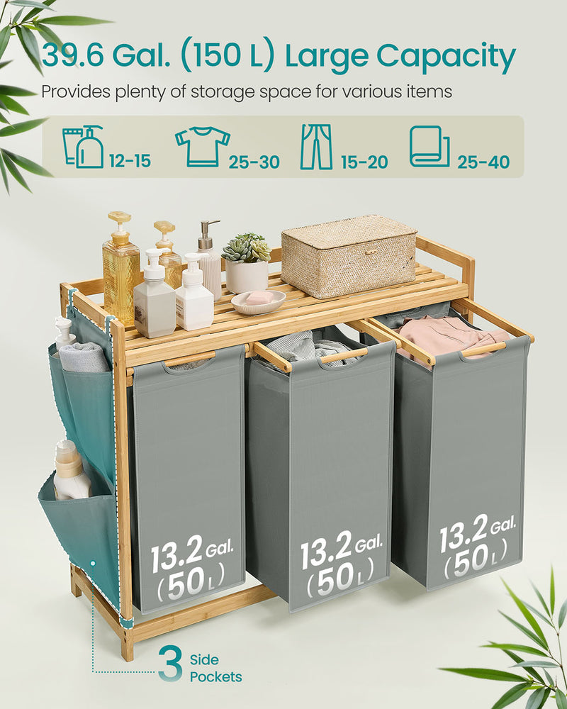 150L Three Compartment Laundry Basket with Shelf and Side Pockets in Dove Grey by Vasagle