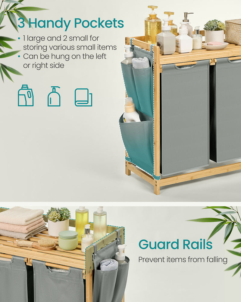 150L Three Compartment Laundry Basket with Shelf and Side Pockets in Dove Grey by Vasagle