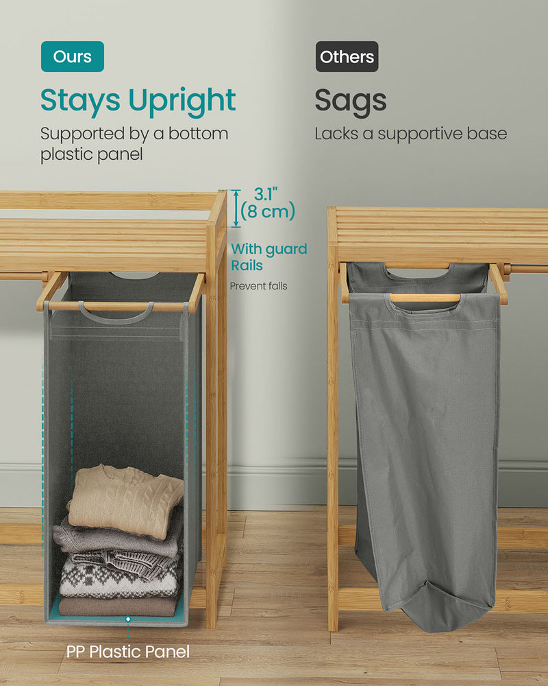 150L Three Compartment Laundry Basket with Shelf and Side Pockets in Dove Grey by Vasagle