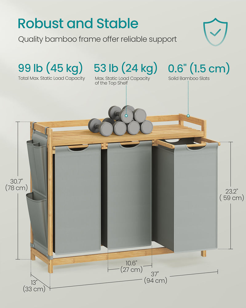 150L Three Compartment Laundry Basket with Shelf and Side Pockets in Dove Grey by Vasagle