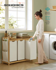 Cream White 3 Compartment Laundry Hamper 150L with Shelf and Side Pockets by Vasagle