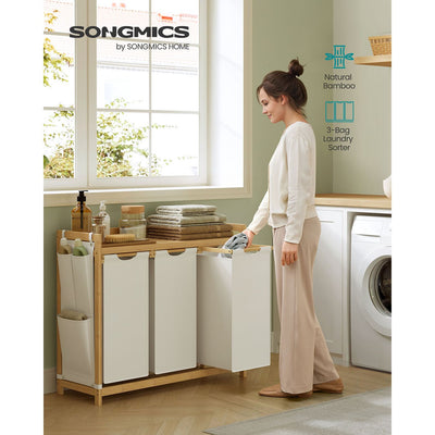 Cream White 3 Compartment Laundry Hamper 150L with Shelf and Side Pockets by Vasagle