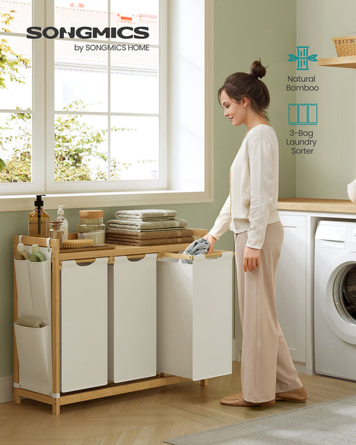 Cream White 3 Compartment Laundry Hamper 150L with Shelf and Side Pockets by Vasagle