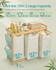 Cream White 3 Compartment Laundry Hamper 150L with Shelf and Side Pockets by Vasagle